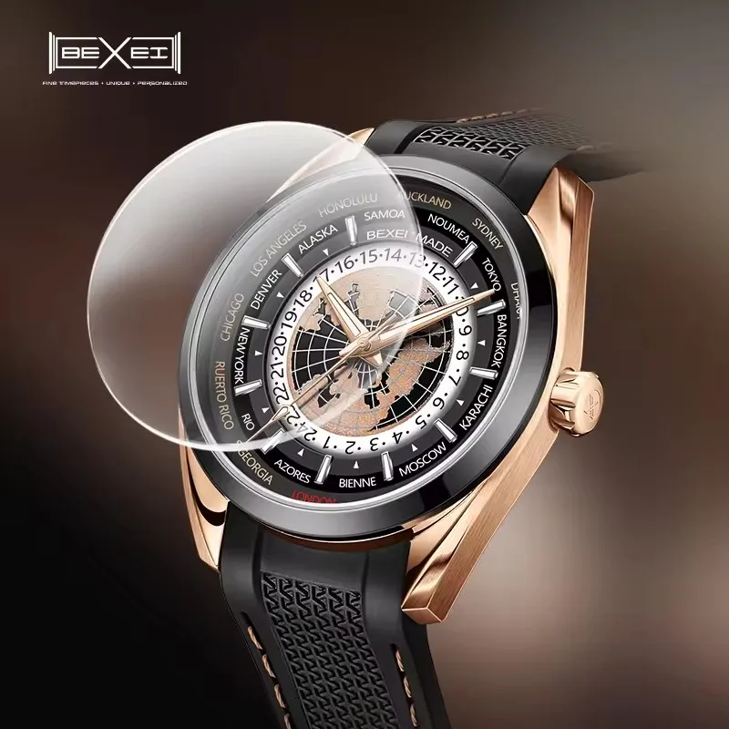 New BEXEI 9185 World Time Watches 42H Power Reserve Mechanical Automatic Movement Man Watch Sapphire Tourbillon  Business Style