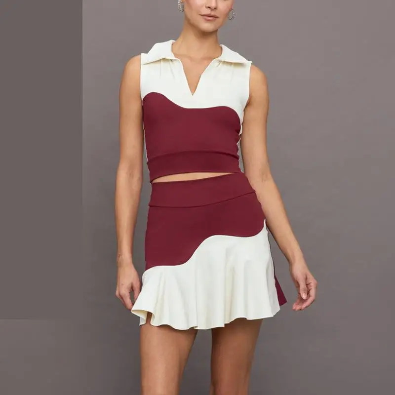 Collar Sports Vest Stitching Contrast Color dress Yoga Clothing Women's Anti-light Dance Fitness Wave Tennis Skirt