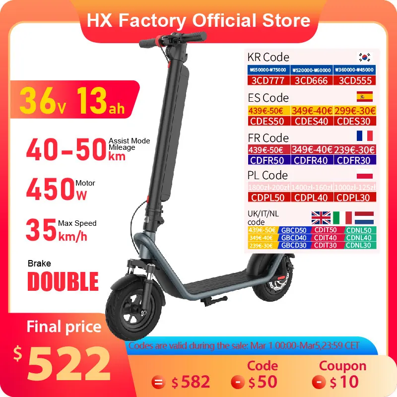 HX 13AH Electric Scooter Powerful 450W 35KM/H Foldable Electric Kick Scooter 10 Inch Smart Escooter For Adults