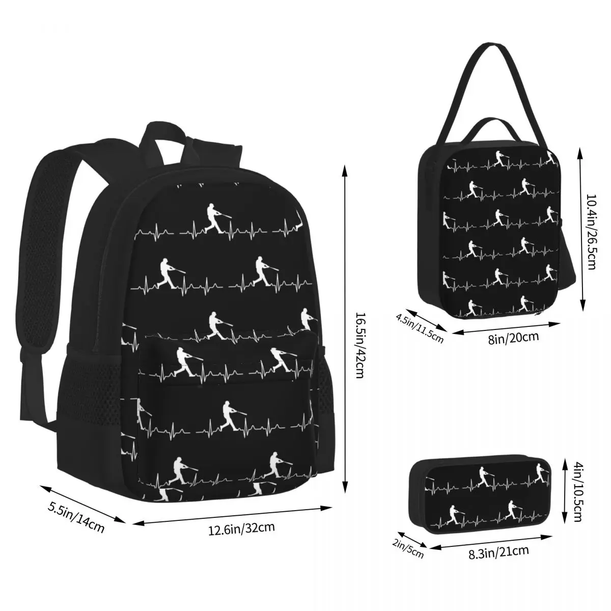Baseball Player Heartbeat Backpacks Students Bookbag School Bags Kids Rucksack Lunch Bag Pen Bag Three-Piece Set