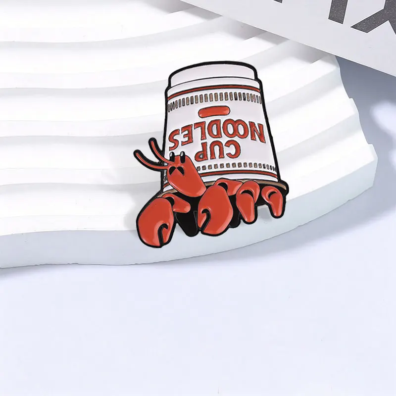 Lobster Cup Noodles Brooch Enamel Pin Cartoon Lobster Emerging From Inverted Noodle Cup Brooch Backpack Lapel Badge Jewelry Gift