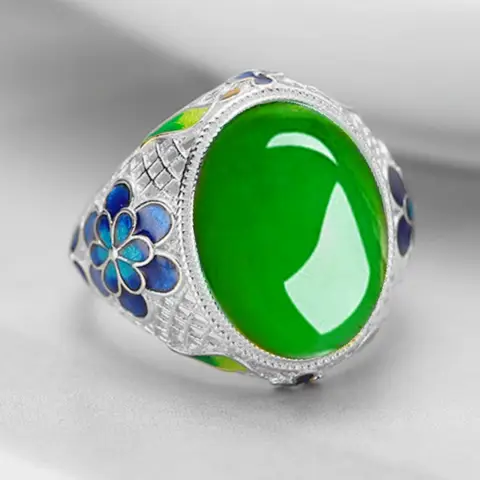 Mizaç yeşim yumurta şeklinde halka kadın takı güzel Cloisonn é emaye mavi çiçek yüzük 925 gümüş takı hediye anne için