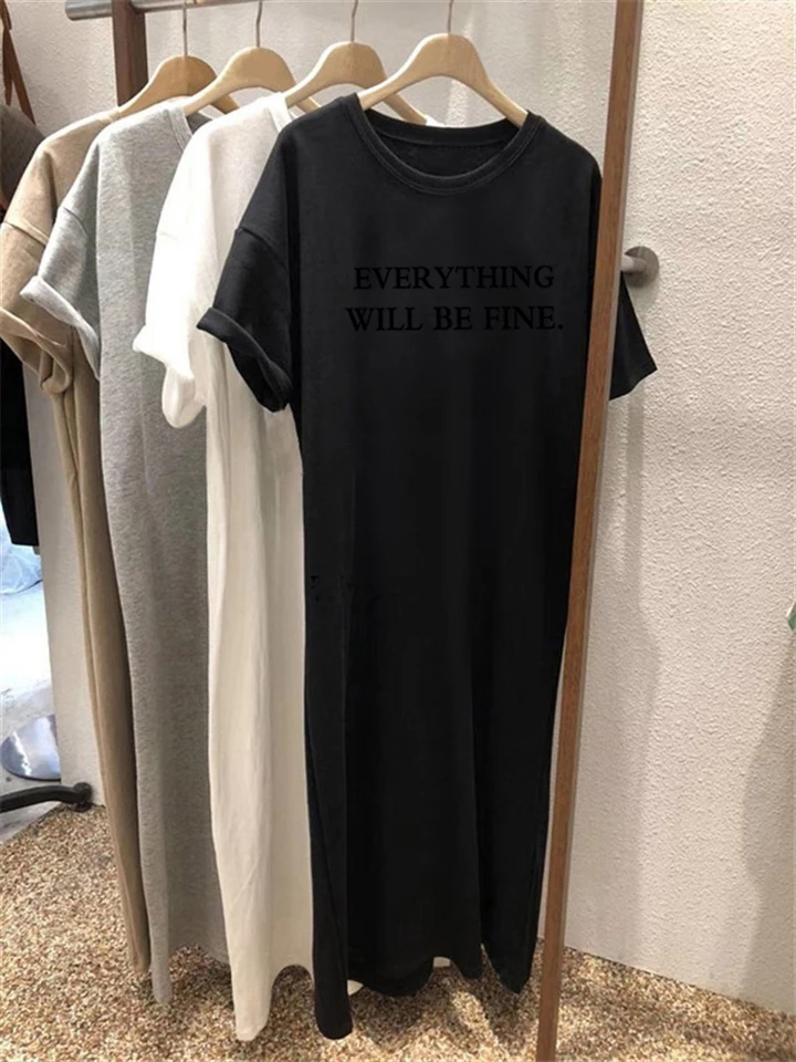 Vestido de verano delgado, talla grande, holgado, manga corta para mujer 2025 nuevo, estampado de letras, escote redondo sencillo 5