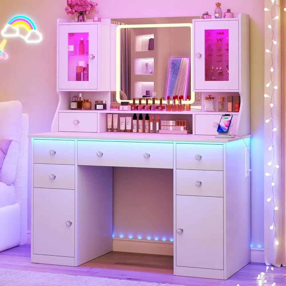 

42 Large LED Lighted Vanity Table with Charging Station and RGB Lighting Cabinet