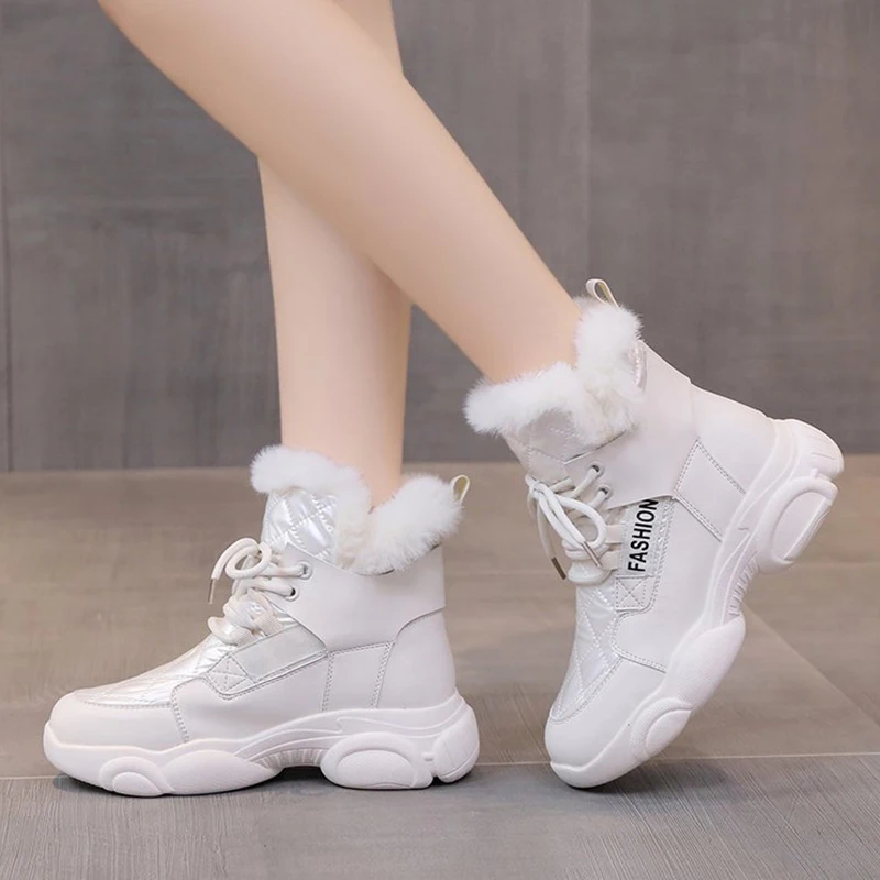 Chunky Platform Cotton Padded Shoes Woman Waterproof Thick Plush Snow Boots Women 2024 Fashion Lace Up Winter Sneakers Fashion