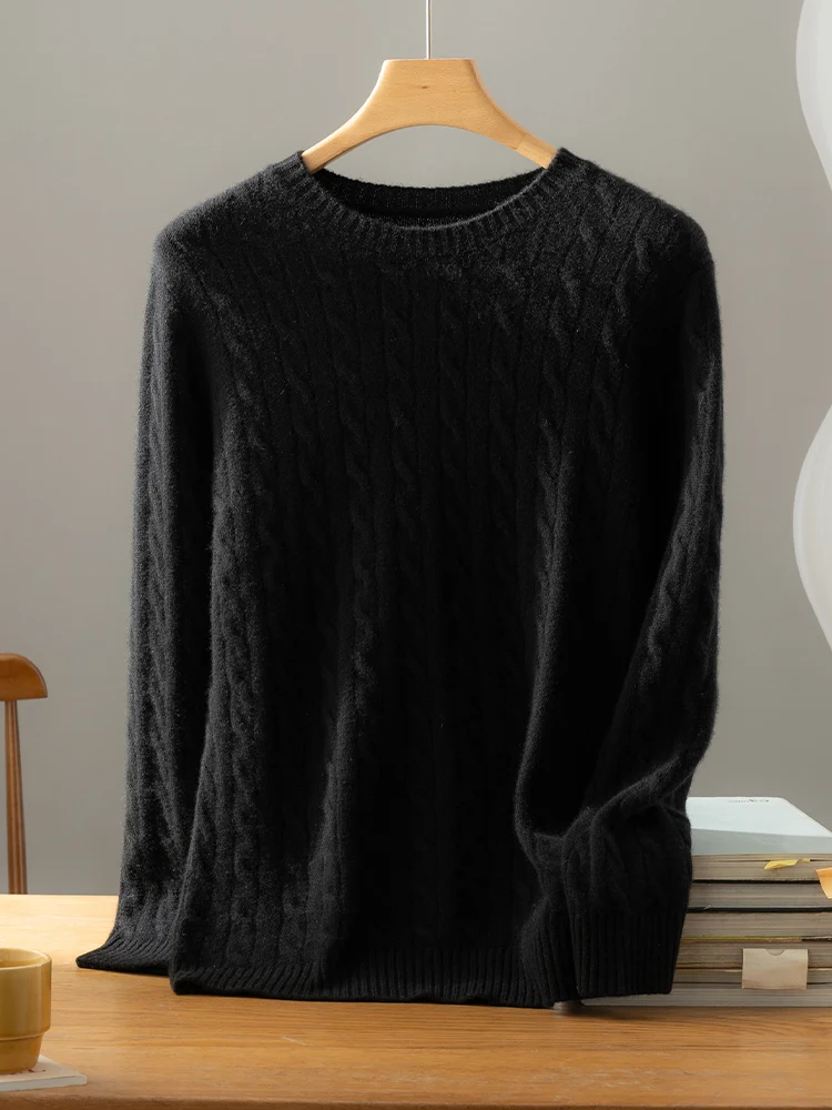 2025 Men's 100% Cashmere Cable Knit Sweater Autumn Winter O-neck Thick Long Sleeve Pullover Smart Casual Cashmere Knitwear Tops