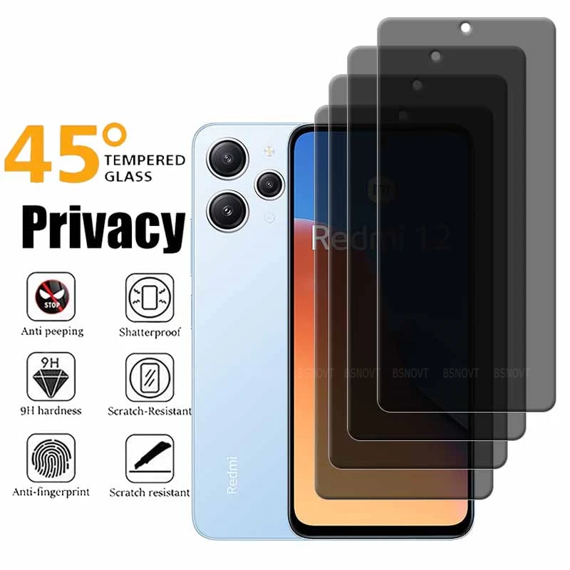 4/3/2/1Pcs For Redmi 12 Glass Xiaomi Redmi 12 4G Tempered Glass 9H HD Privacy Anti-Spy Glue Screen Protector Redmi12 Redmi 12 4G