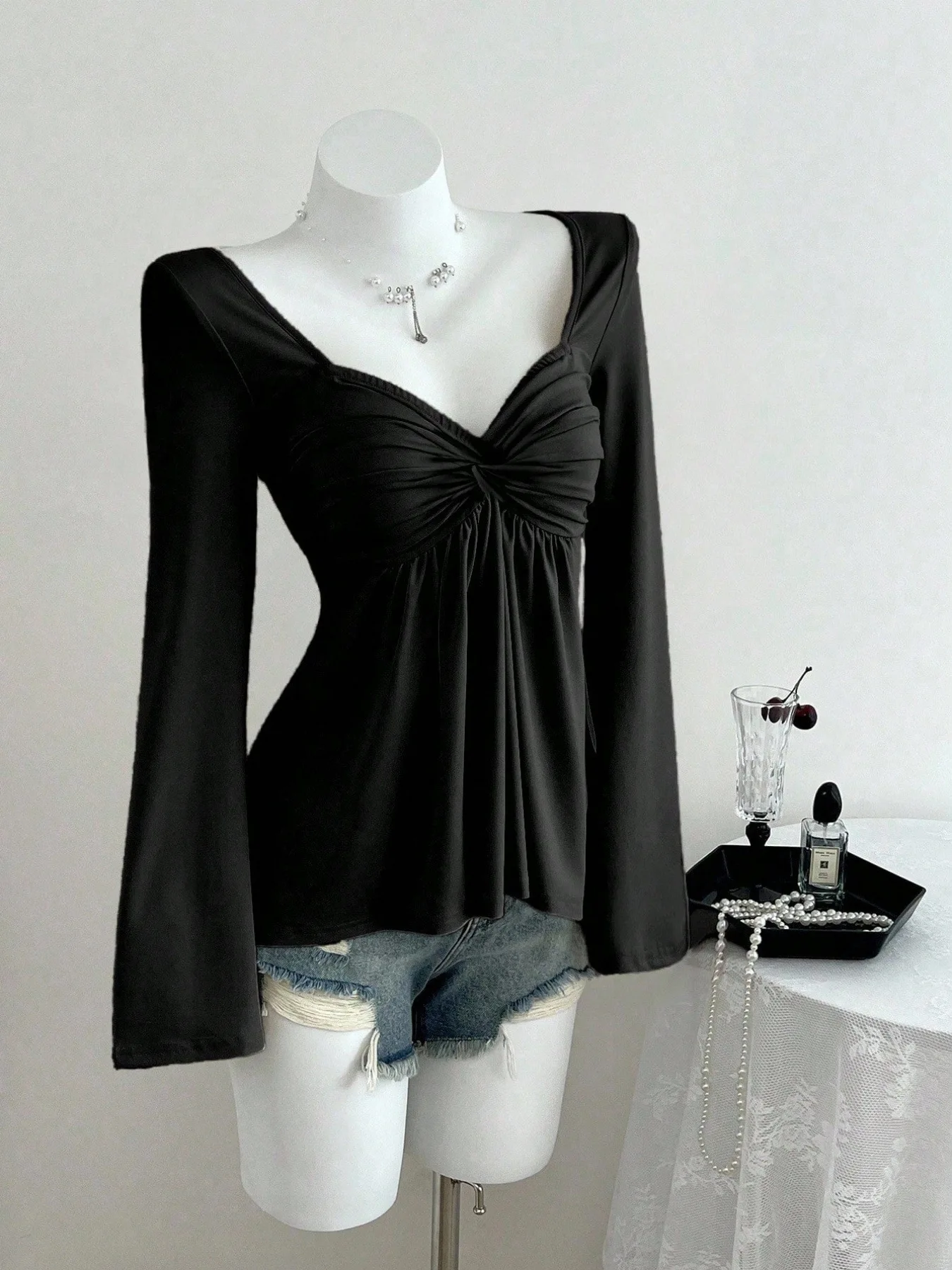 HOUZHOU Women Sweetheart Neck Twist Front Long Sleeve Top Flare Sleeve Ruched Bust Peplum Hem Blouse Slim Fit Solid Casual Tee