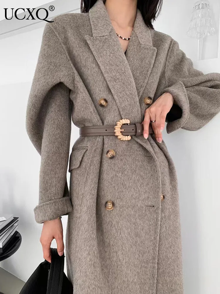 UCXQ Solid Cashmere Coat Temperament, Office Lady Double Breasted All Match Elegant Long Outerwear Women 2024 Autumn Winter 2830