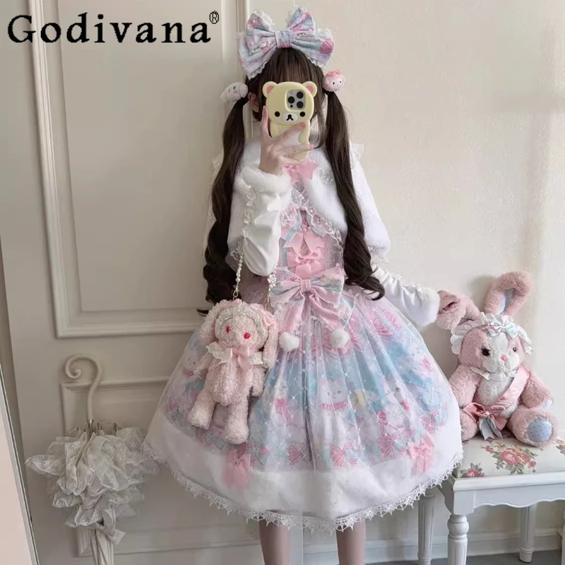 2025 japonés lindo niñas dulce vestido de tirantes de Lolita conjunto de capa invierno nuevo lindo arco de encaje vestido de fiesta de cumpleaños mujeres Lo Kawaii vestido