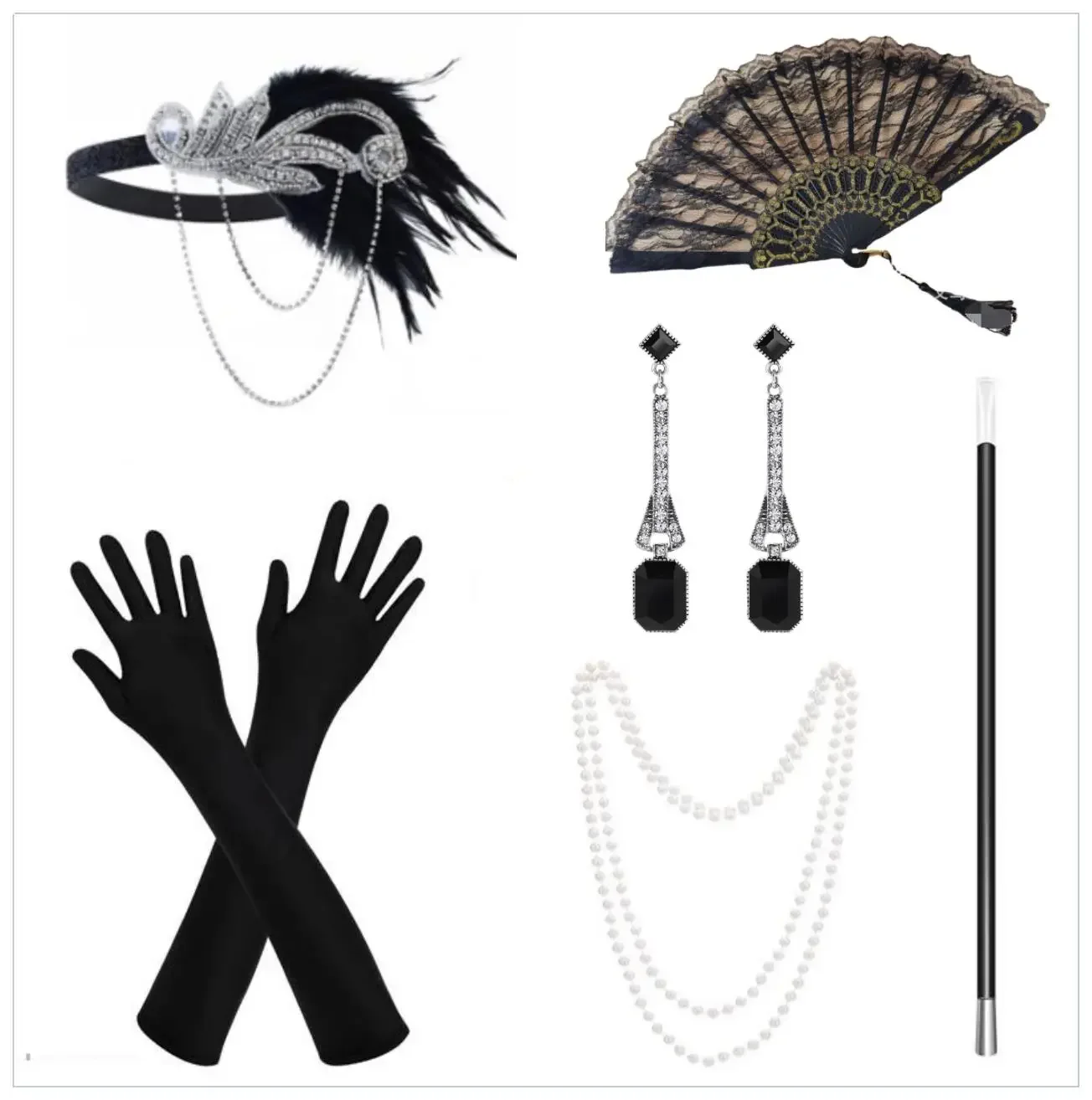 1920s Femmes Vintage Clapet Gatsby kostium akcesoria zespół 20s Bandeau Perle Collier Gants porte-papieros wielki Gatsby