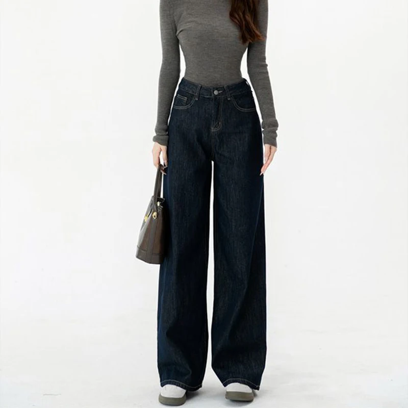 Female Dark Blue Wide Leg Jeans New Girls High Waist Loose Denim Trousers Hot Sale Women Fashion Casual Daily Pants