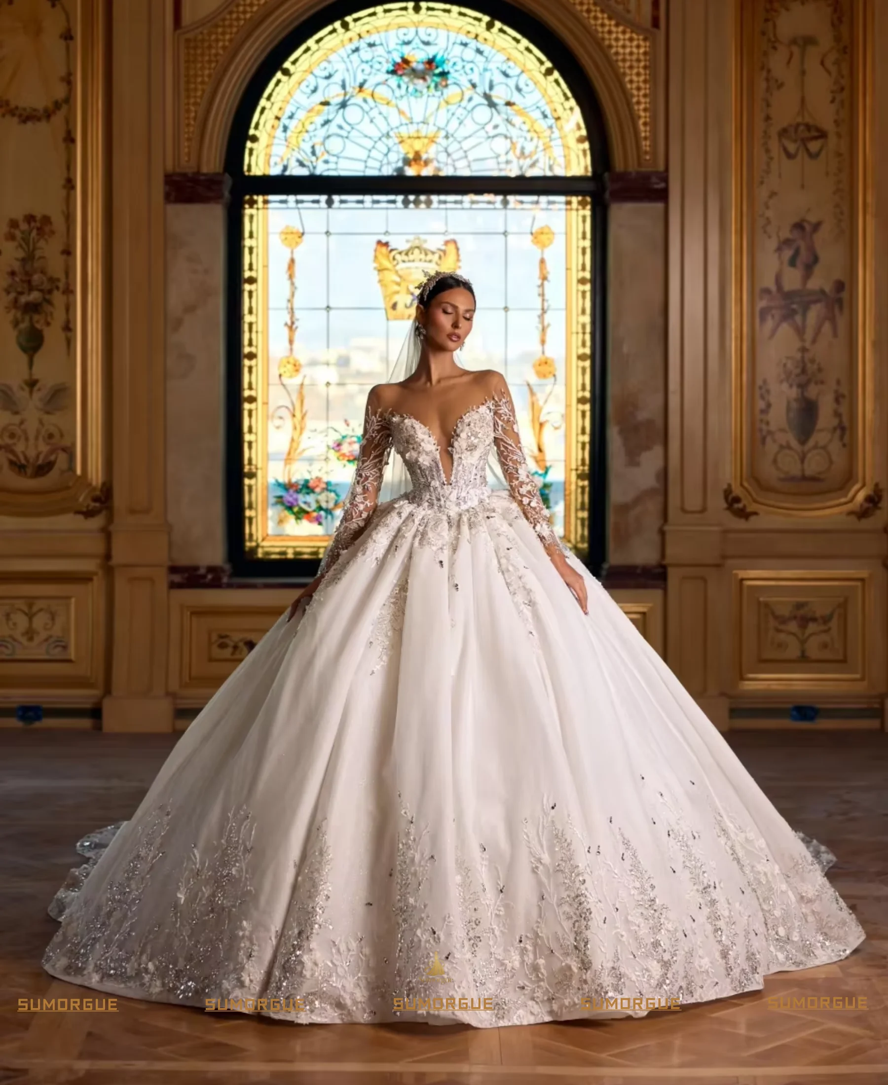 A-Line Glitter Wedding Dresses O-Neck Long Sleeve Lace Embroidery Charming Bridal Gown high-end Customzied Vestidos De Novia