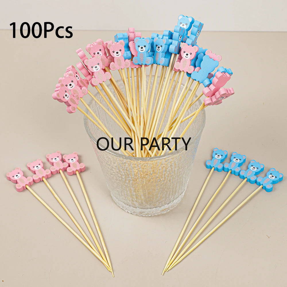 100Pcs Colorful Bear Theme Bamboo Fruit Forks Gender Reveal Buffet Dessert Pick for Kids Birthday Baby Shower Party Decoration