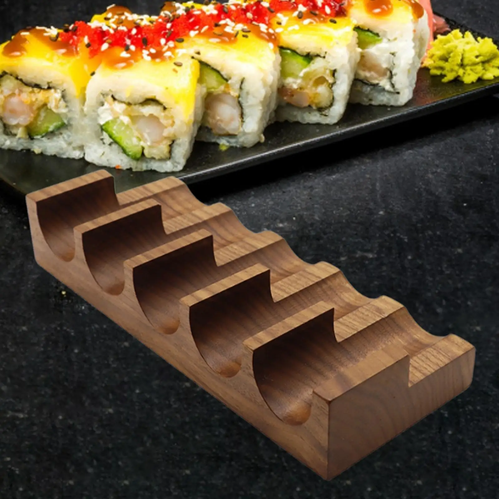 

Wooden Sushi Holder Taco Display Stand Rack 5 Grid Decoration Presentation Platter Serving Tray for Party Dining Table Home