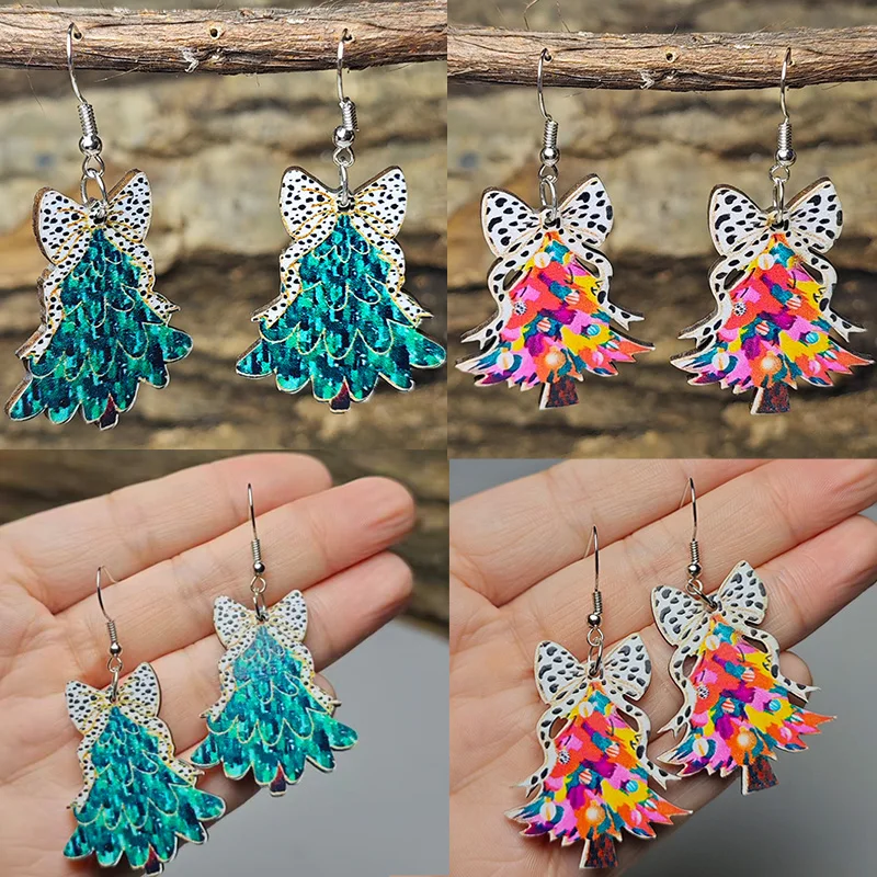 2 Pairs Christmas Themed Wooden Earrings Set Leopard Print Bow & Christmas Tree Pendant Decoration Unisex Festive Jewelry