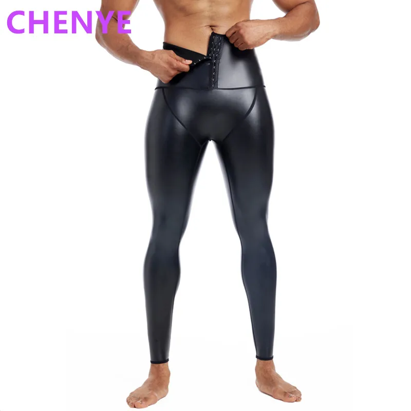 

Мужские модные тонкие эластичные кожаные брюки с высокой талией для фитнеса, формирователь тела, тренажер для талии, компрессионные кожаные брюки с 3 крючками для живота