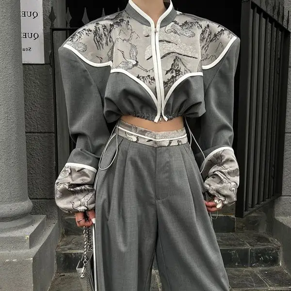 Tops And Pants Streetwear Aesthetic All Match Zipper Tops Korean Fashion Vintage Patchwork Coats Women Harajuku Loose Clothes