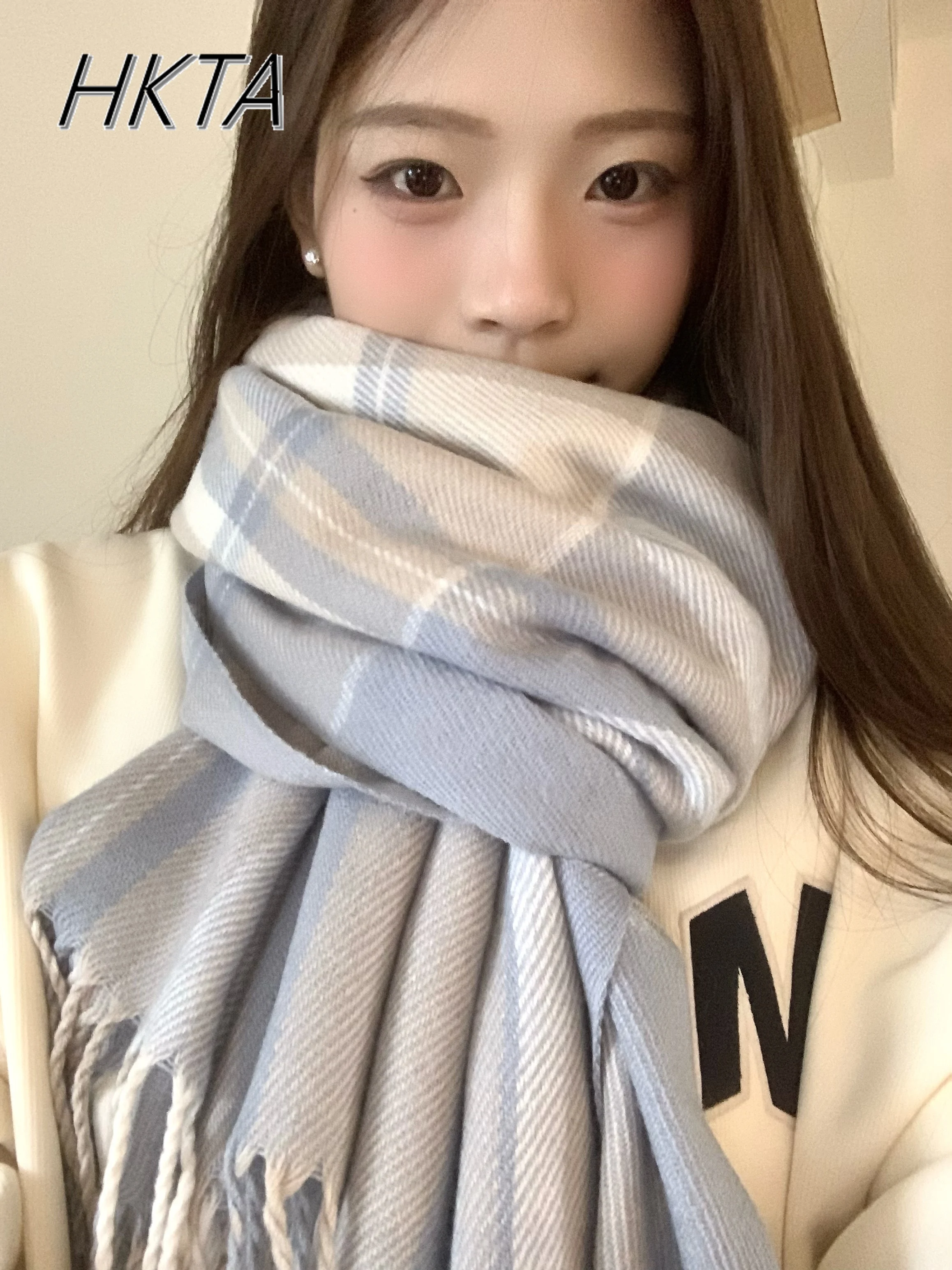 British Japanese Plaid Scarf Shawl Imitation Cashmere Winter Coffee Blue Warm Couple College Style JK Student Plaid Scarf Shawl