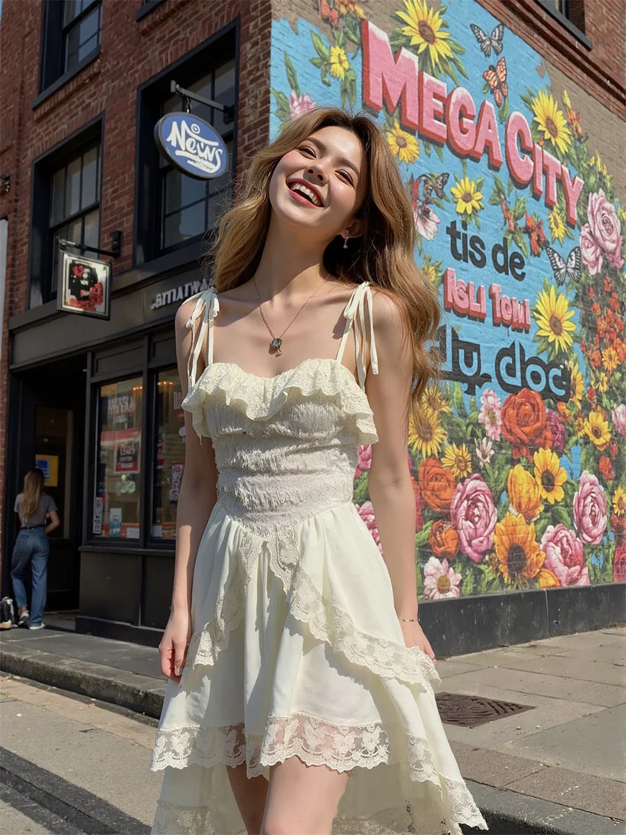 Women'S Dress A-Line Lace-Up Flounced Edge Crochet Lace Sheer Transparent Illusion Detail Feminine Sweet Romantic Delicate