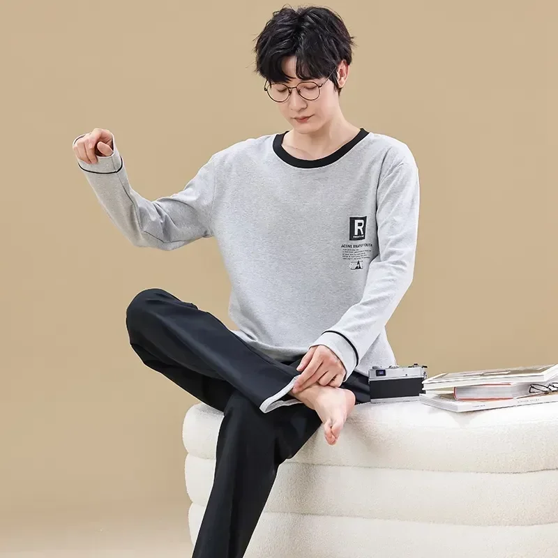 Домашняя одежда, мужская пижама, мужская одежда для дома, осенняя корейская хлопковая свободная зимняя одежда для сна, комплекты домашнего костюма с рукавами, 2023, длинные