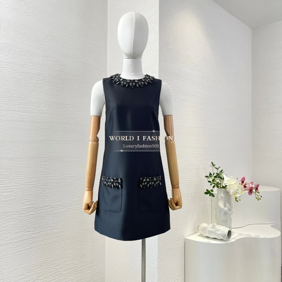 

2025 Womens Dresses Black Sleeveless Diamonds Mini Dress