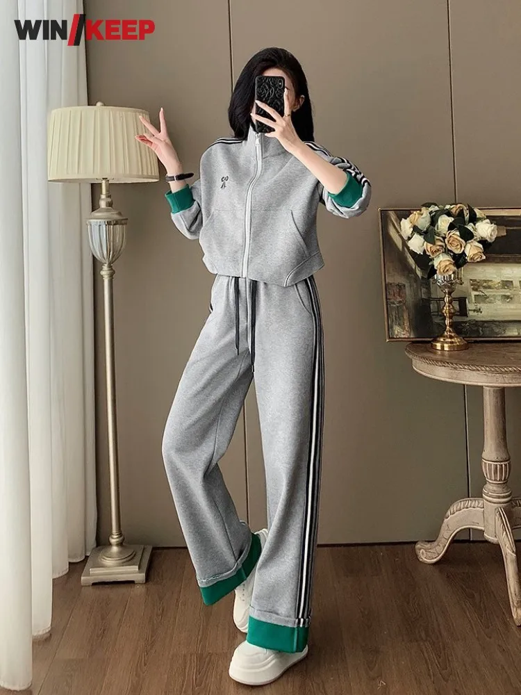 Outdoor Women Colors Panelled Patchwork Slim Fit Jacket Sweatpants Two Piece Running Set Sports Tracksuit Gym Fitness Training
