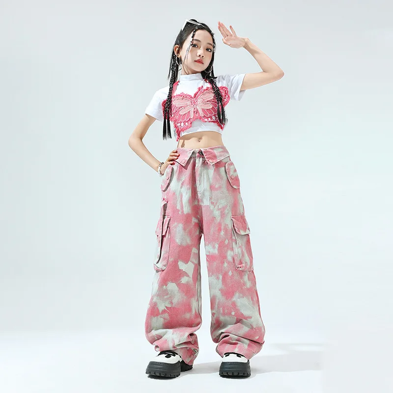 [5-17 Years Old]Girls Crop Top Cotton Top Girl Short Butterfly Jazz Dance Costume Girl Fancy Suit Korean Style Girl