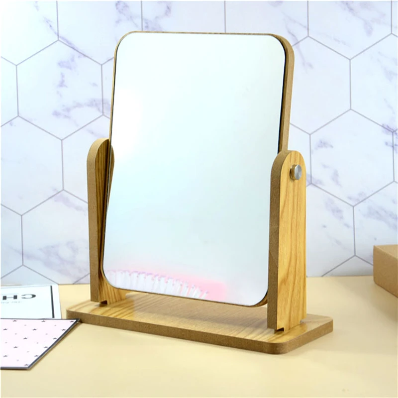 Espejo de madera giratorio para maquillaje, espejo de escritorio giratorio HD, portátil, cosmético para el hogar, accesorios de herramientas de estilismo para el cuidado del cabello y belleza