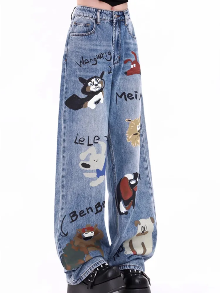 Jeans con stampa graffiti Pantaloni dritti larghi a vita alta con design in peluche ispessito autunno e inverno da donna