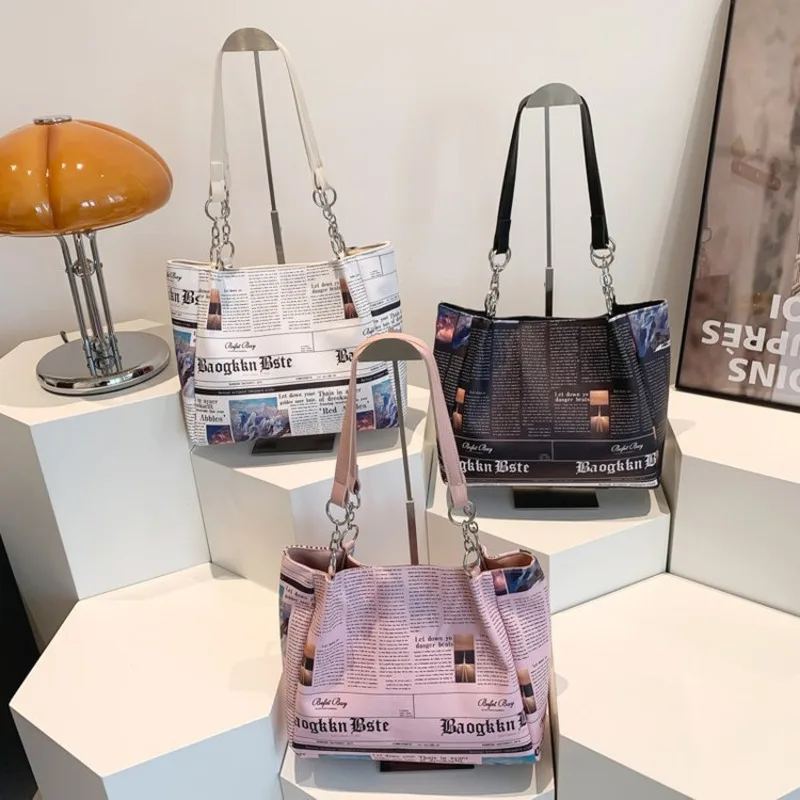 Women's Tote Bag Single Shoulder Underarm Shopping Bag New Large Capacity Printed Newspaper Trendy Personality