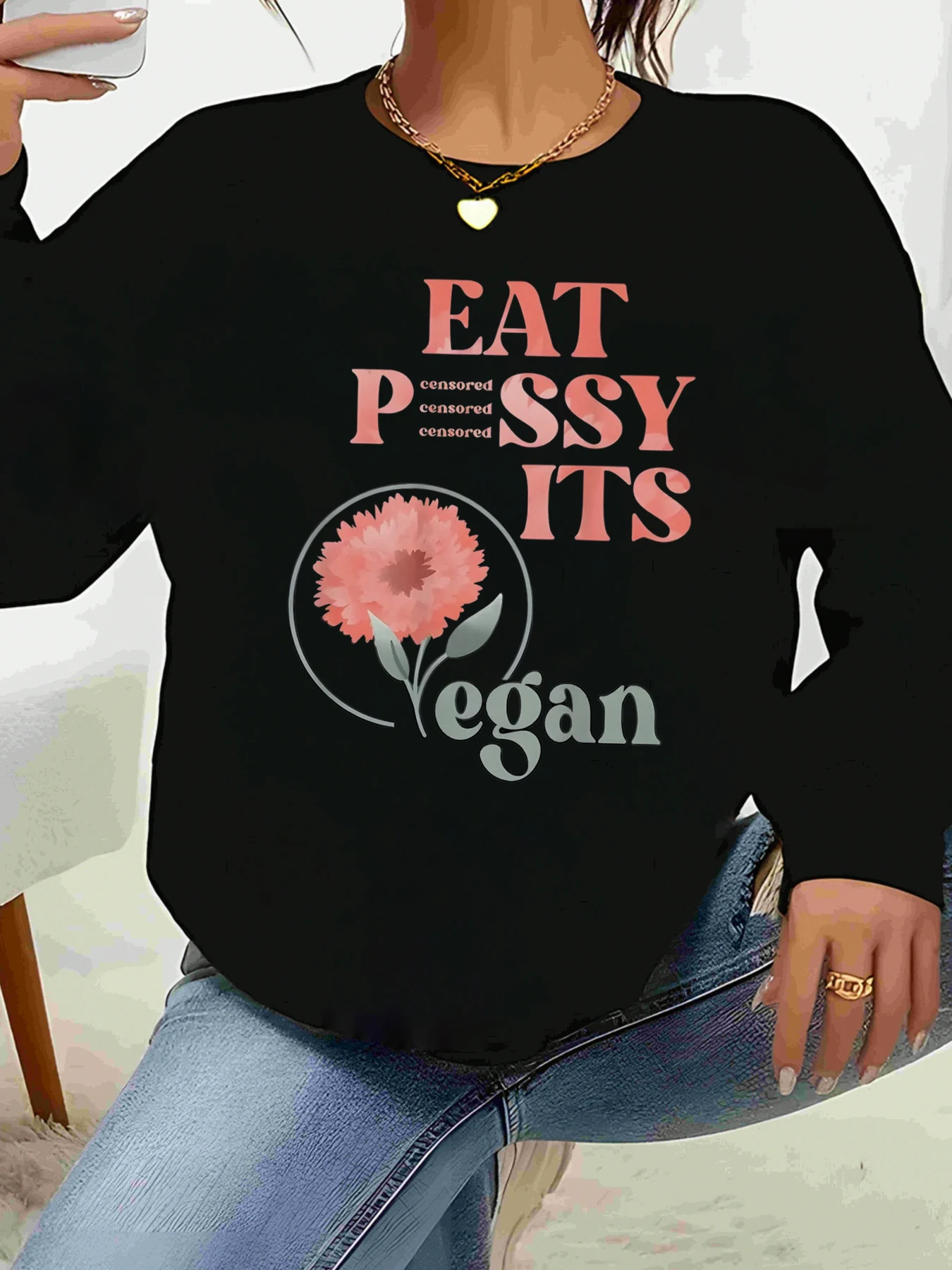 

Flower Print Eat It's Vegan Long Sleeve Top Halloween Party Women Casual Wear