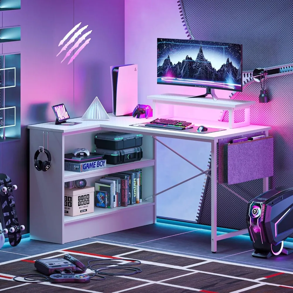 L Shaped Gaming Desk with LED Lights, 42 Inch Computer Desk with Monitor Stand & Open Storage Cabinet,Writing Study Corner Desk