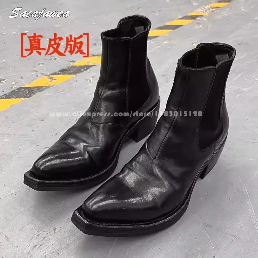 Genuine Leather Front Lace Up Chuny Heel Ankle Boots Square Toe Platform Casual Boots Size 35-44 Black Punk Style Elastic Boots