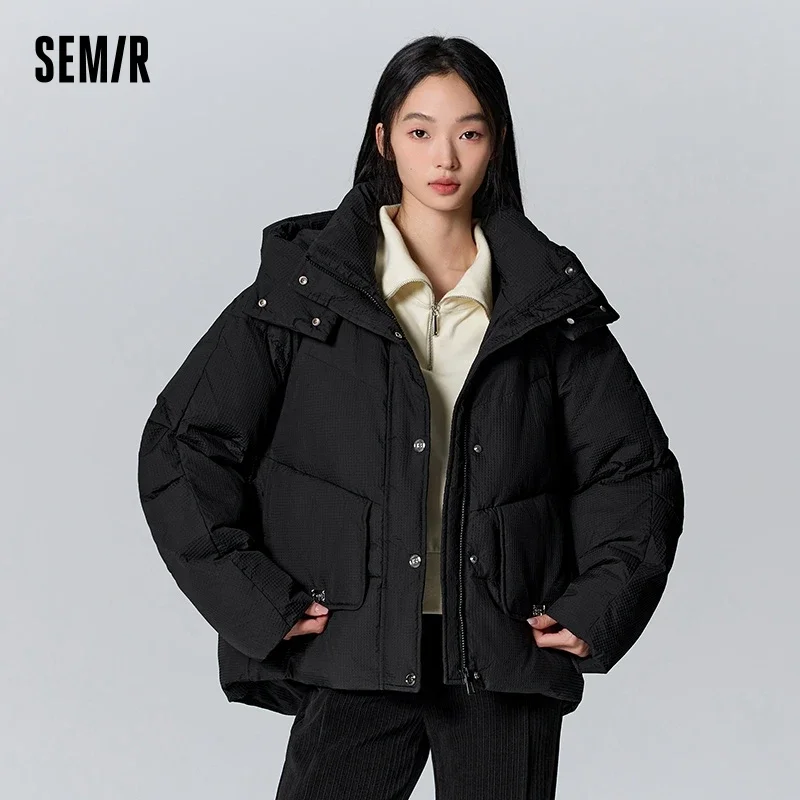 Semir Down Jacket Women Medium Long Plaid Loose 2023 New Winter Hooded Raglan Sleeve Textured Thick Jacket