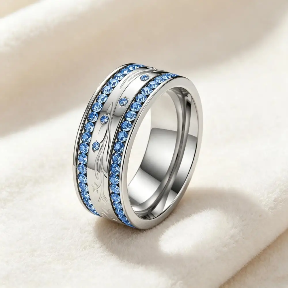Vintage Stainless Steel Rings For Women Men Silver Color Female Male Blue Rhinestone Wedding Bands Party Jewelry Valentine Gifts
