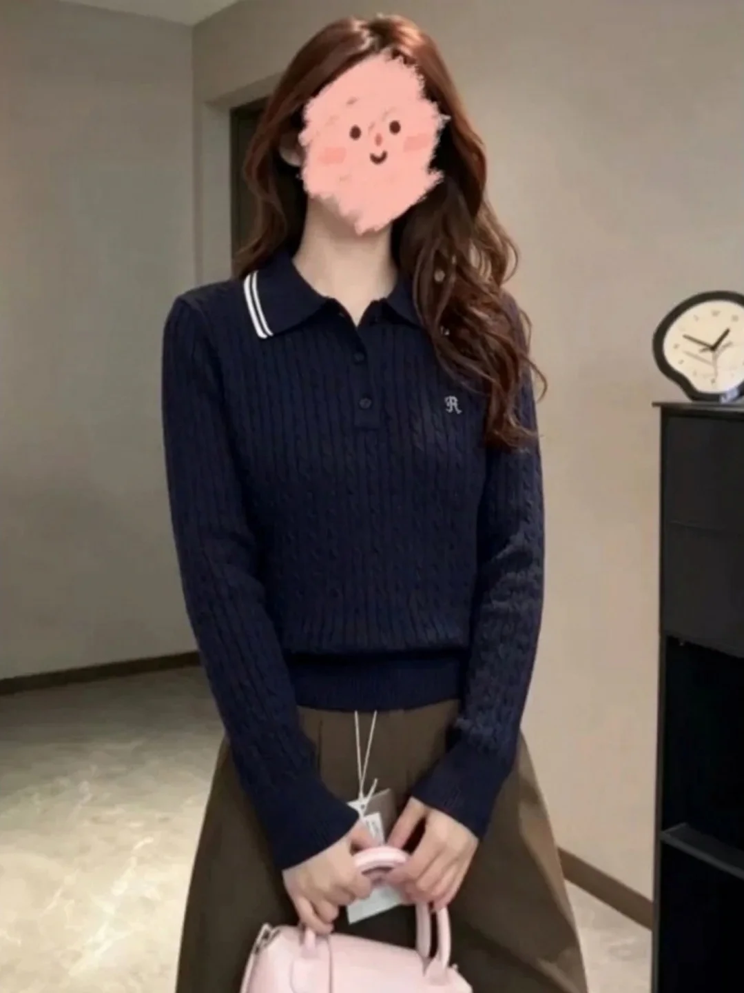 Dark Blue  Shirt Knitted Sweater Women's Autumn Winter Fashion Twisted Knitwear Slim Fit  Collar Inner Wear Base Shirt