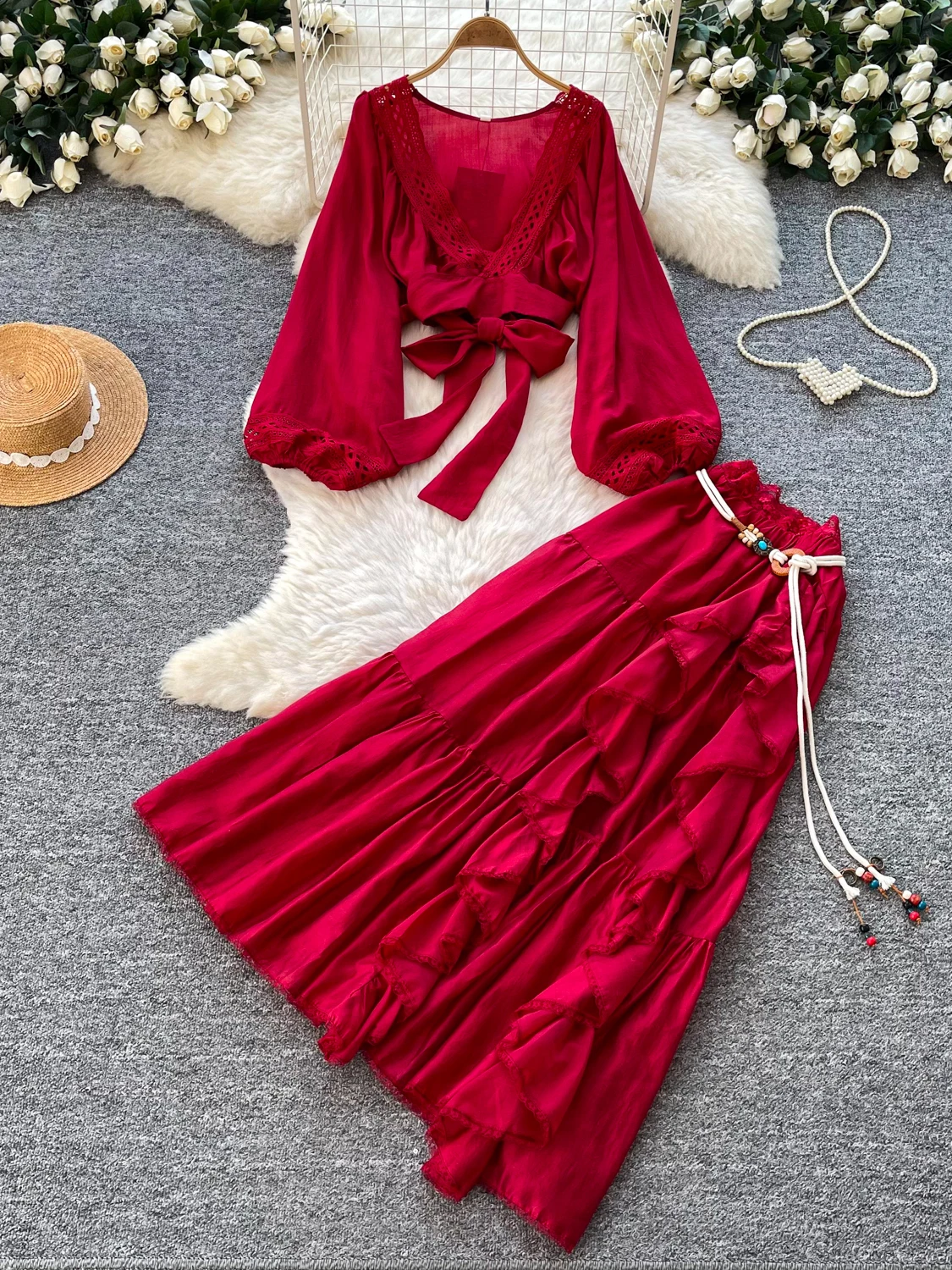 Red Two-Piece Set Women's Autumn V-Neck Short Top Halter Neck Skirt Slimming Ensemble Holiday Style Fashionable Casual Wear