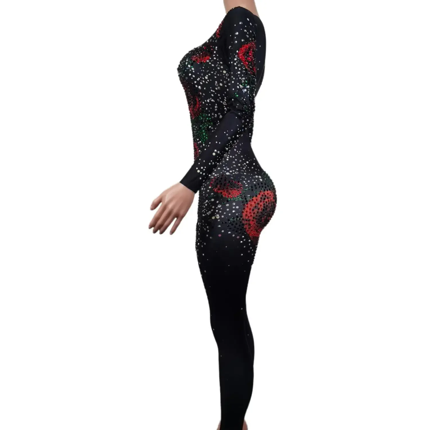 Women\'s Jumpsuit Singer Dj Sparkly Sexy Black Rose Crystal Jumpsuit Rhinestones Skinny Dance Jumpsuit Stage Ds Performance Wear