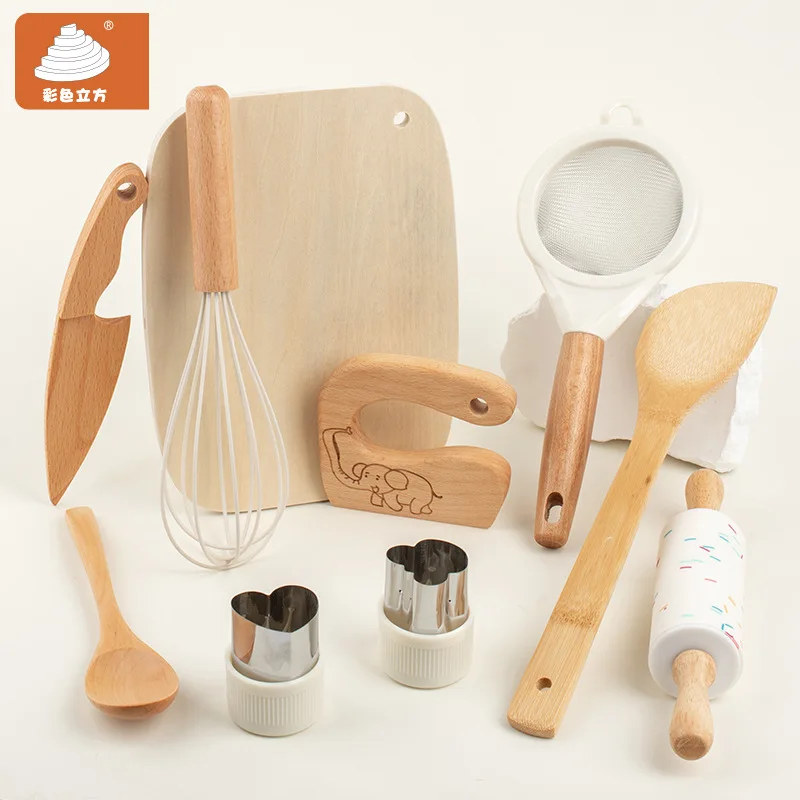 LazyChild Wooden Pretend Play Kitchen Fruit Cutting Toy Set 10Pcs with Safe Knife & Chopping Board for Kids