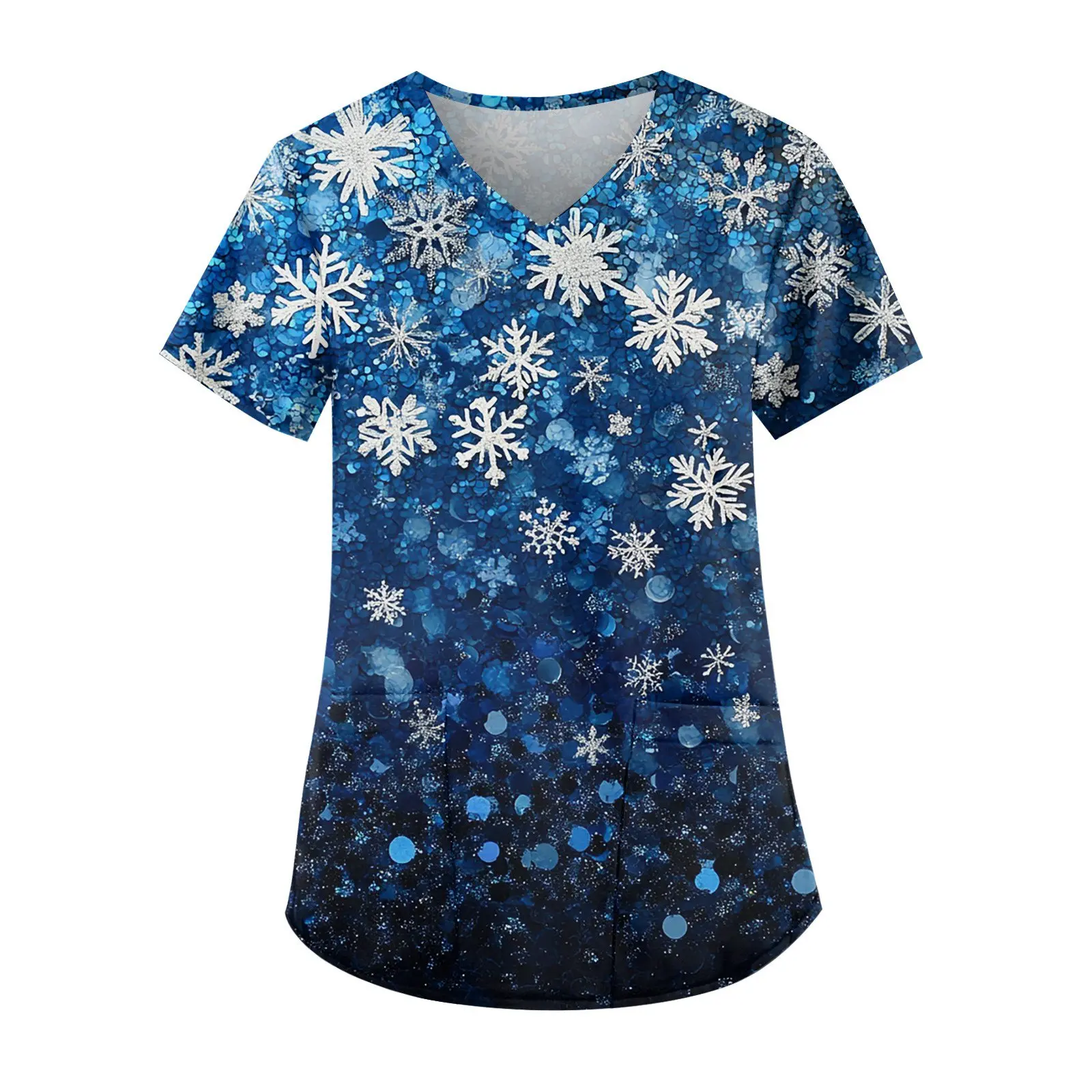 女性のクリスマス看護ユニフォーム、医療用スクラブ、花柄、Vネックポケット、漫画看護スクラブ、半袖