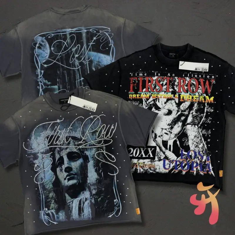 Vinatge Wahed Grey Hot Drill FIRST ROW Tshirt  Y2K Street Graffiti Portrait Print Short Sleeve Loose Men Women Tee Fast Shipping