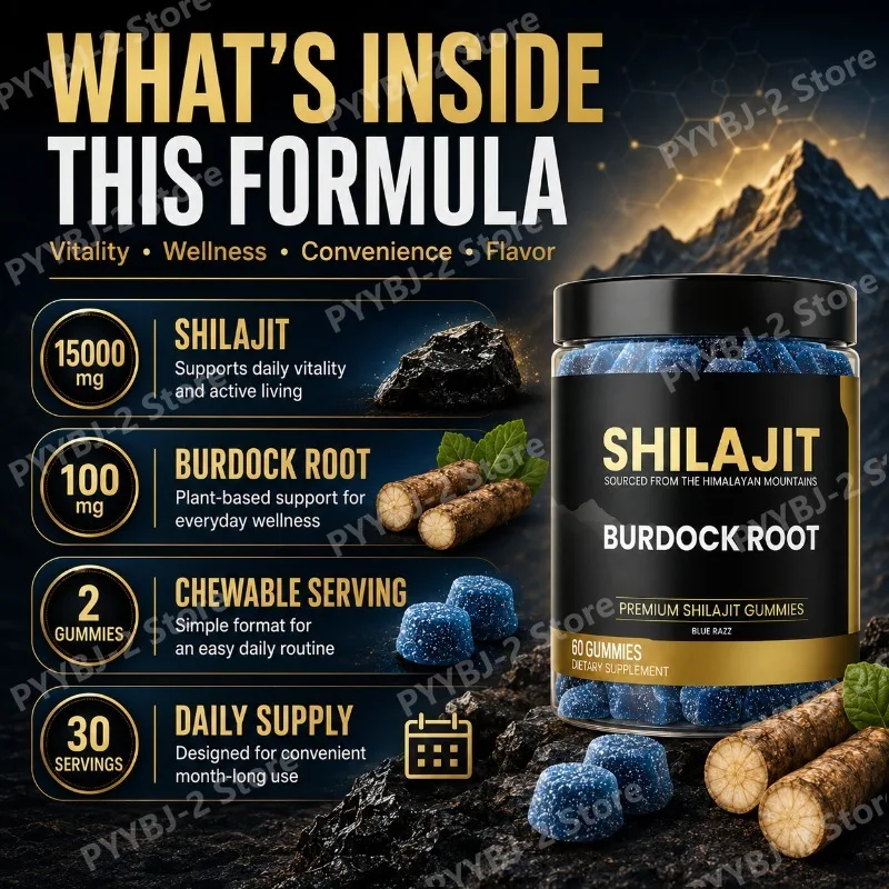 Shilajit Gummies 60 Count Blueberry Flavor Supplement Support Energy Levels & Immune System—105+ Trace Minerals and Burdock Root
