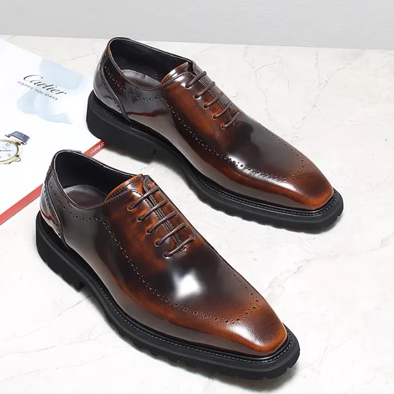 

High-end Square-toe Lace-up Business Formal Leather Shoes For Men Anti-slip Thick-soled Height-increasing Oxford Wedding Shoes