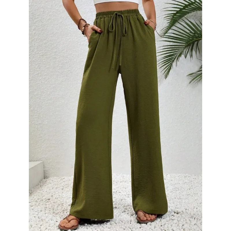 2025 Women's Casual Lace Up Thigh Pants Spring Summer New Solid Color Floor Sweeping Wide Leg Trousers Pocket Long Khaki Pant