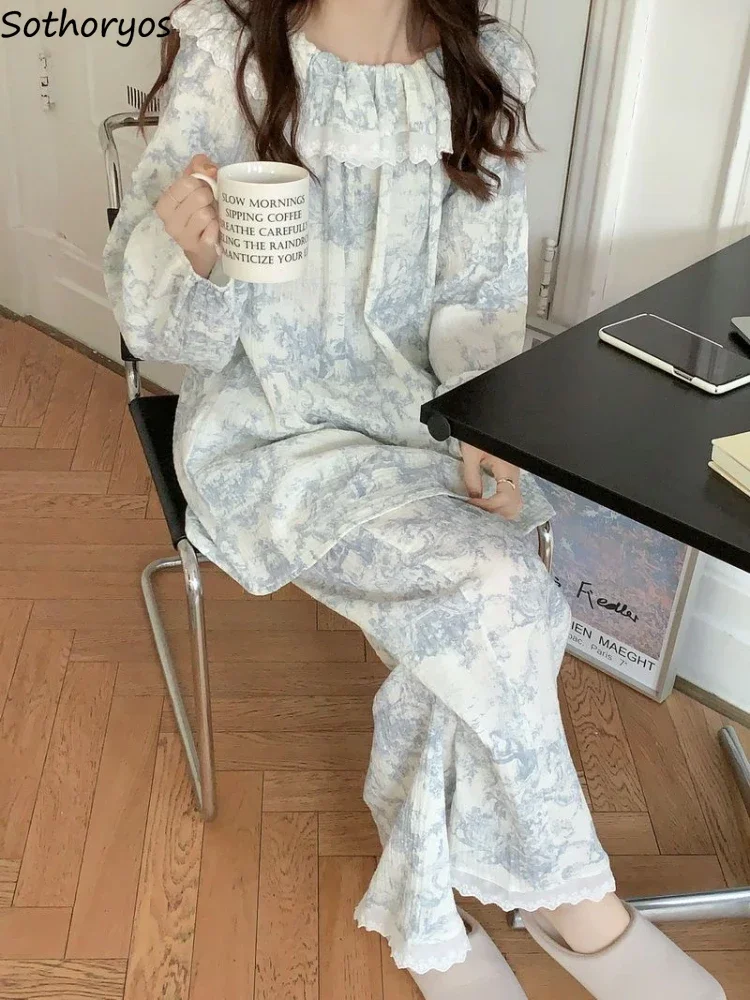 

Korean Style Pajama Sets for Women Lace Spliced Ink Painting Tie-dye Sweet Temper Aesthetic Loose Fit Spring Autumn Loungewear