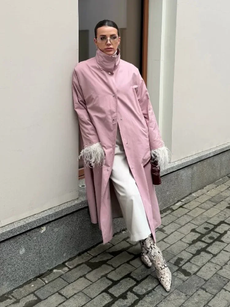 Damen Trenchcoat in Dusty Rose mit Stehkragen, Übergroße Maxi-Jacke mit Druckknopfleiste, Fallende Schultern, Leichter Loser Windbreaker – Detail 20