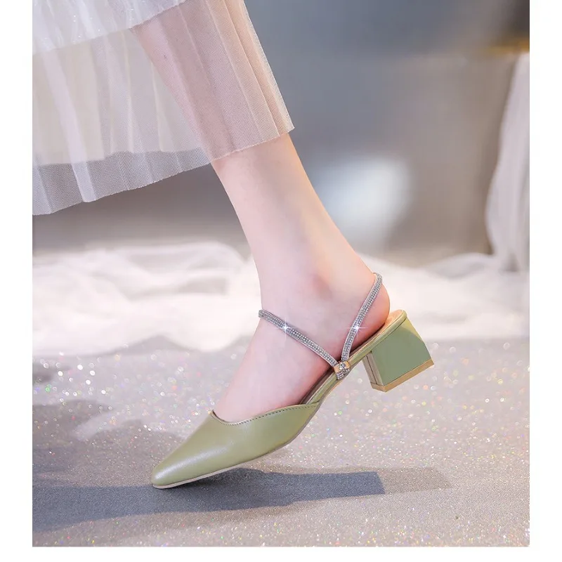 new Korean version fashion rhinestone toe slippers thick-heeled pointed women's summer Hong Kong style two-wear sandals