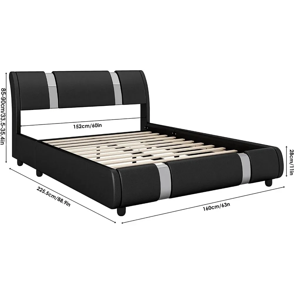 Keyluv Modern Faux Leather Upholstered Platform Bed Frame with Metal Decoration Headboard, Wooden Slats Support, No Box Spring