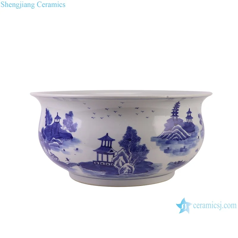 Jingdezhen Blue and White Porcelain Landscape Chinese Parasol Trees Shallow Fish tank Ceramic Pot